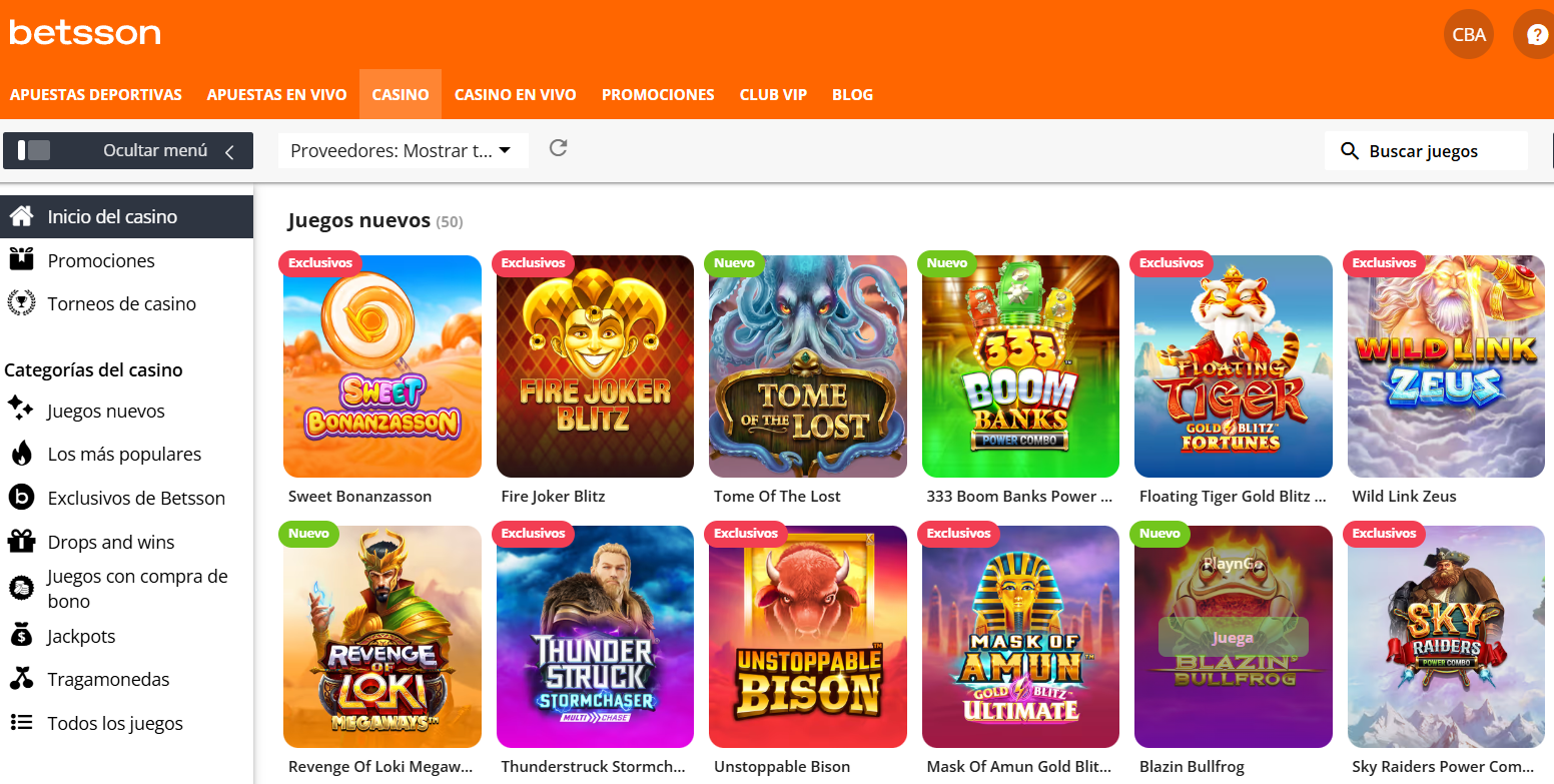 Screenshot juegos de casino - plataforma Betsson
