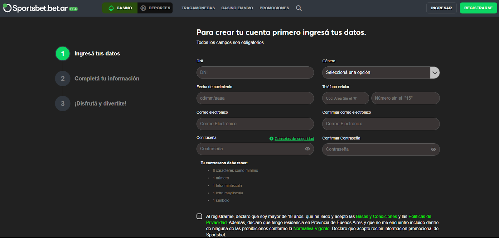 Screenshot registro plataforma Sportsbet