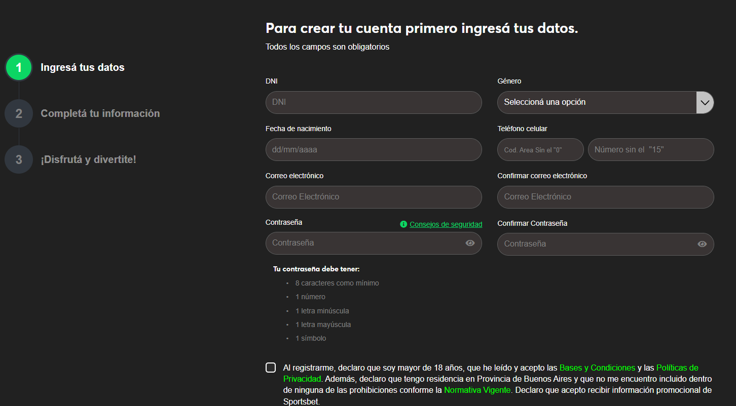 Screenshot formulario registro Sportsbet