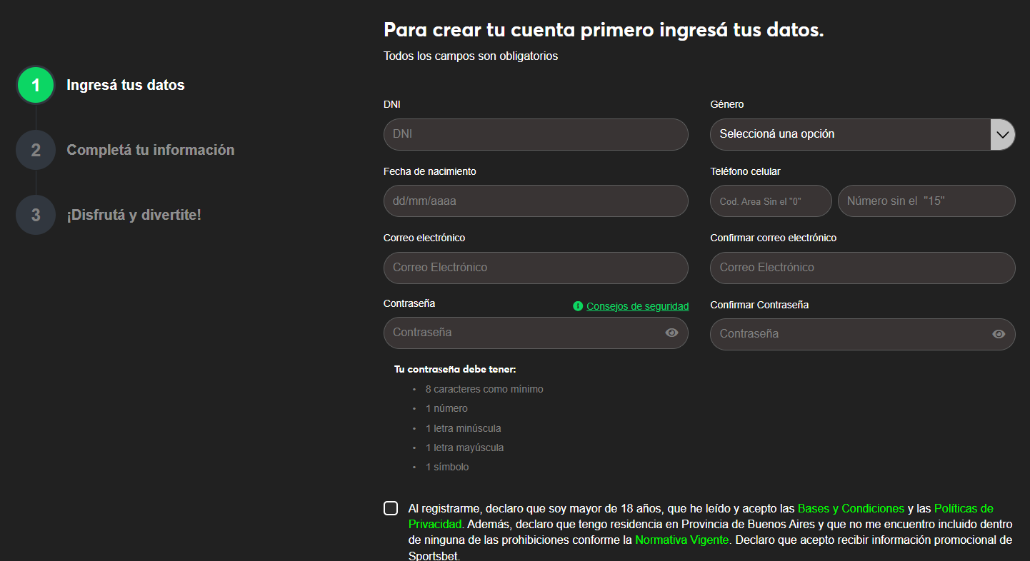 Screenshot formulario registro Sportsbet PBA