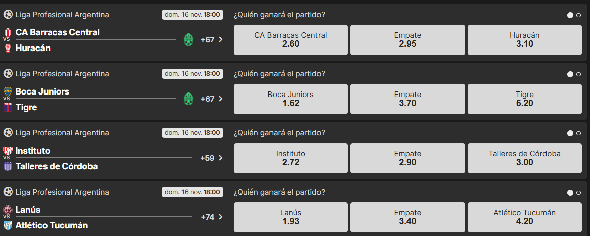 Ejemplo cuotas Liga Profesional Argentina bplay